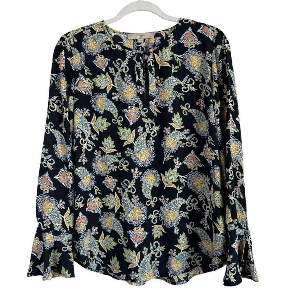 Loft Women's Long Sleeve Navy Floral Paisley Design Flutter Sleeves Blouse Sz XS